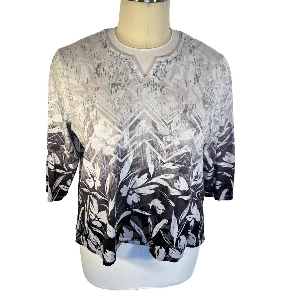 Alfred Dunner Blouse Womens 2X Knit Silver Beaded Notch Neck 3/4 Sleeve Chevron